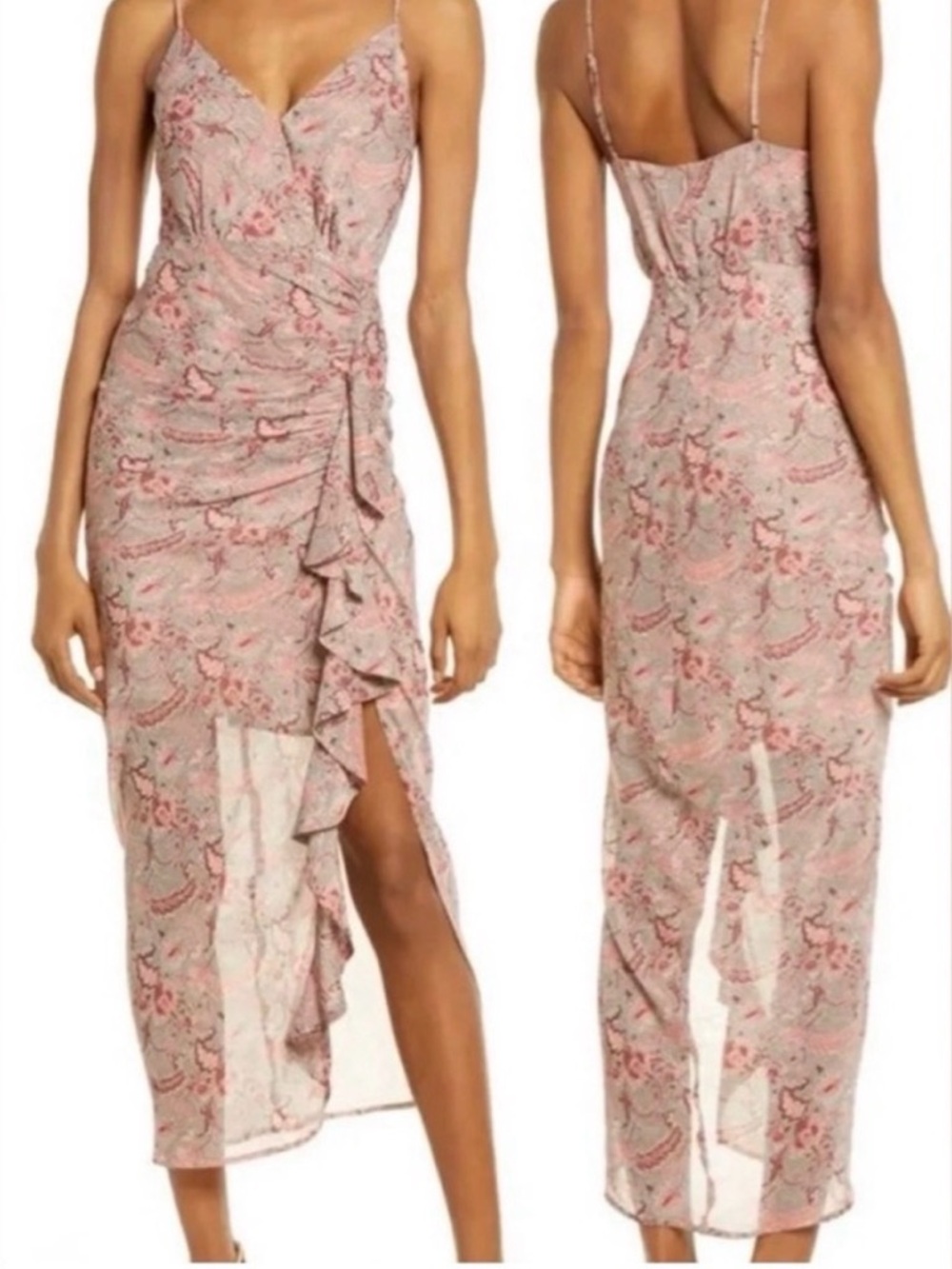 Floret studios Spaghetti-Strap Floral Ruffle Midi Dress – Pink